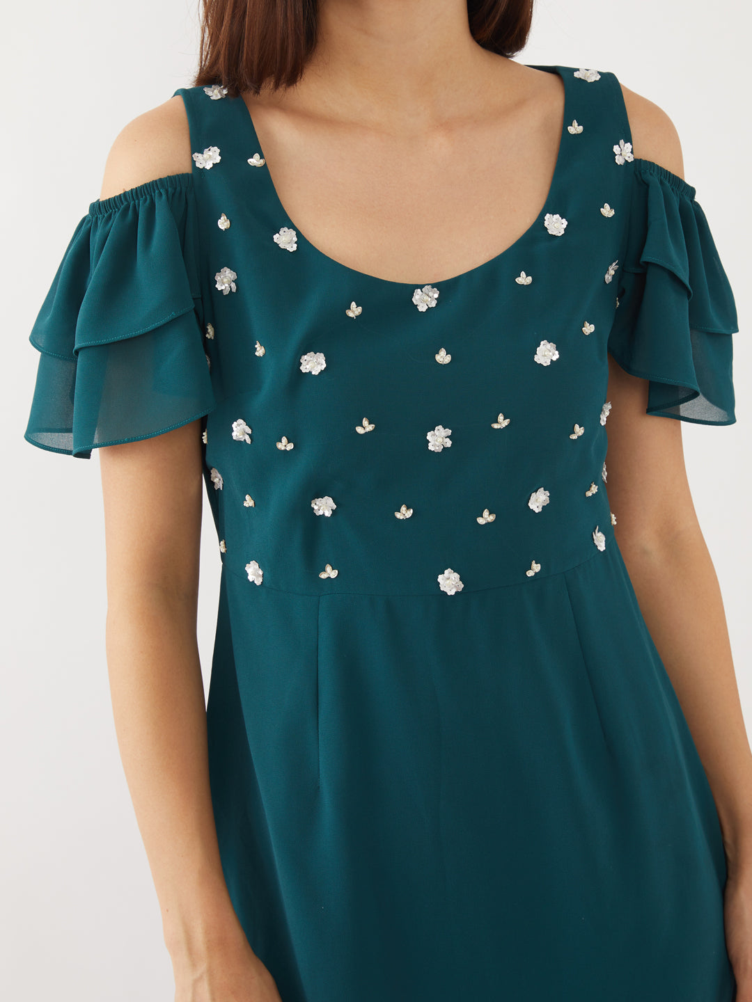 Teal Embellished Flared Sleeve Short Dress
