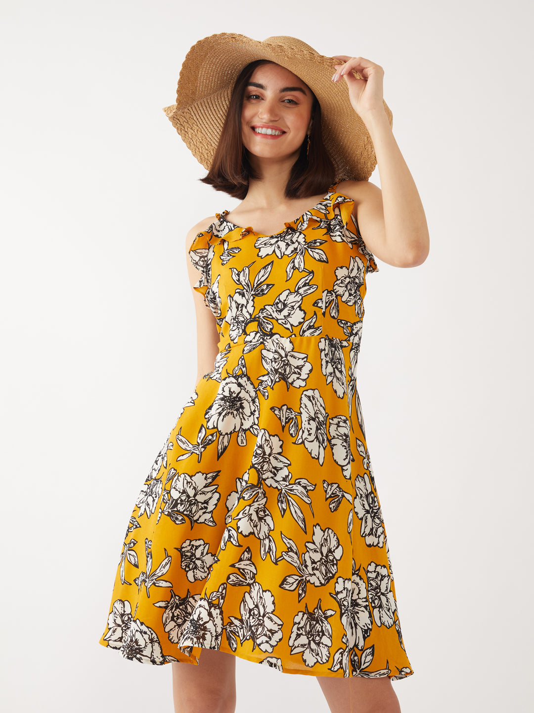 Yellow Printed Strappy Short Dress