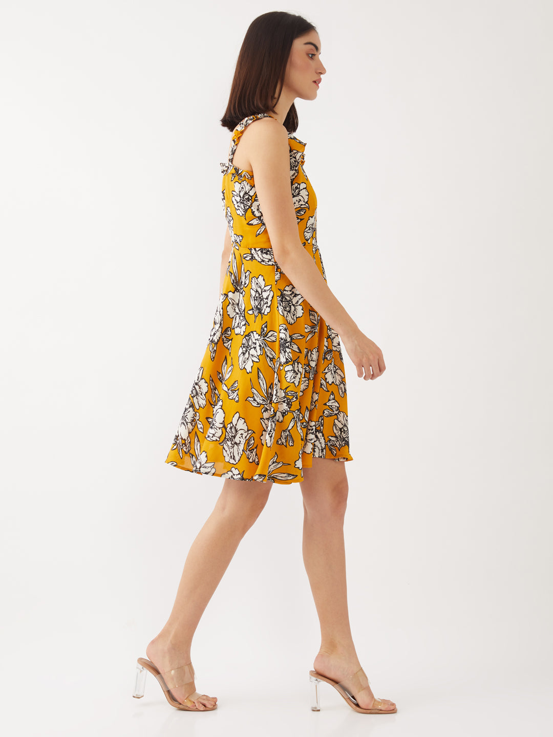 Yellow Printed Strappy Short Dress