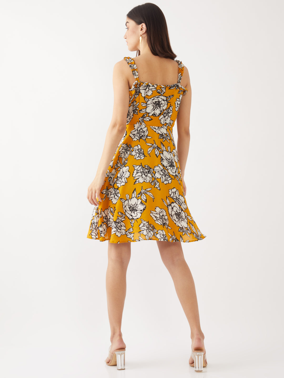 Yellow Printed Strappy Short Dress