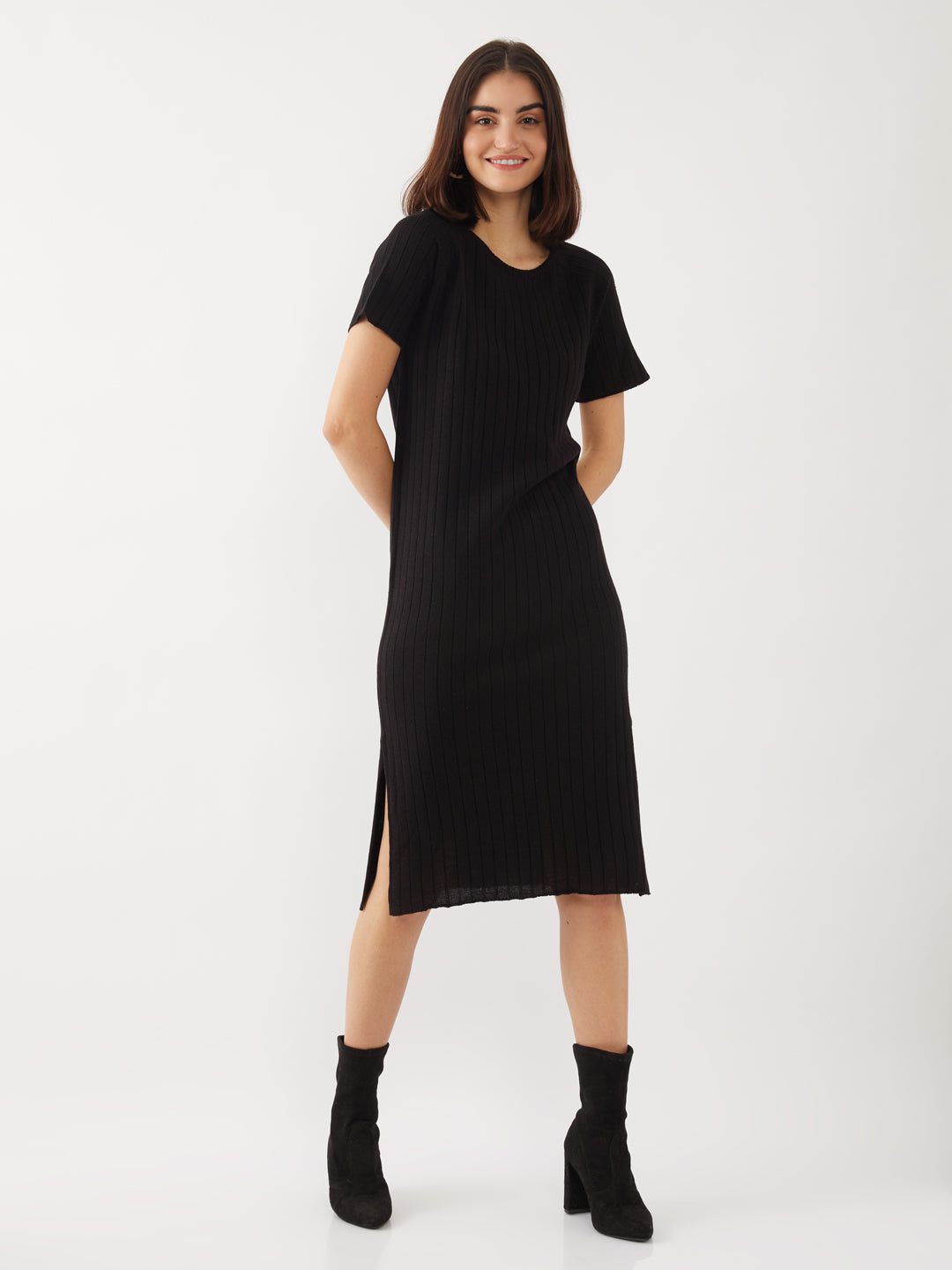 Black Solid Straight Midi