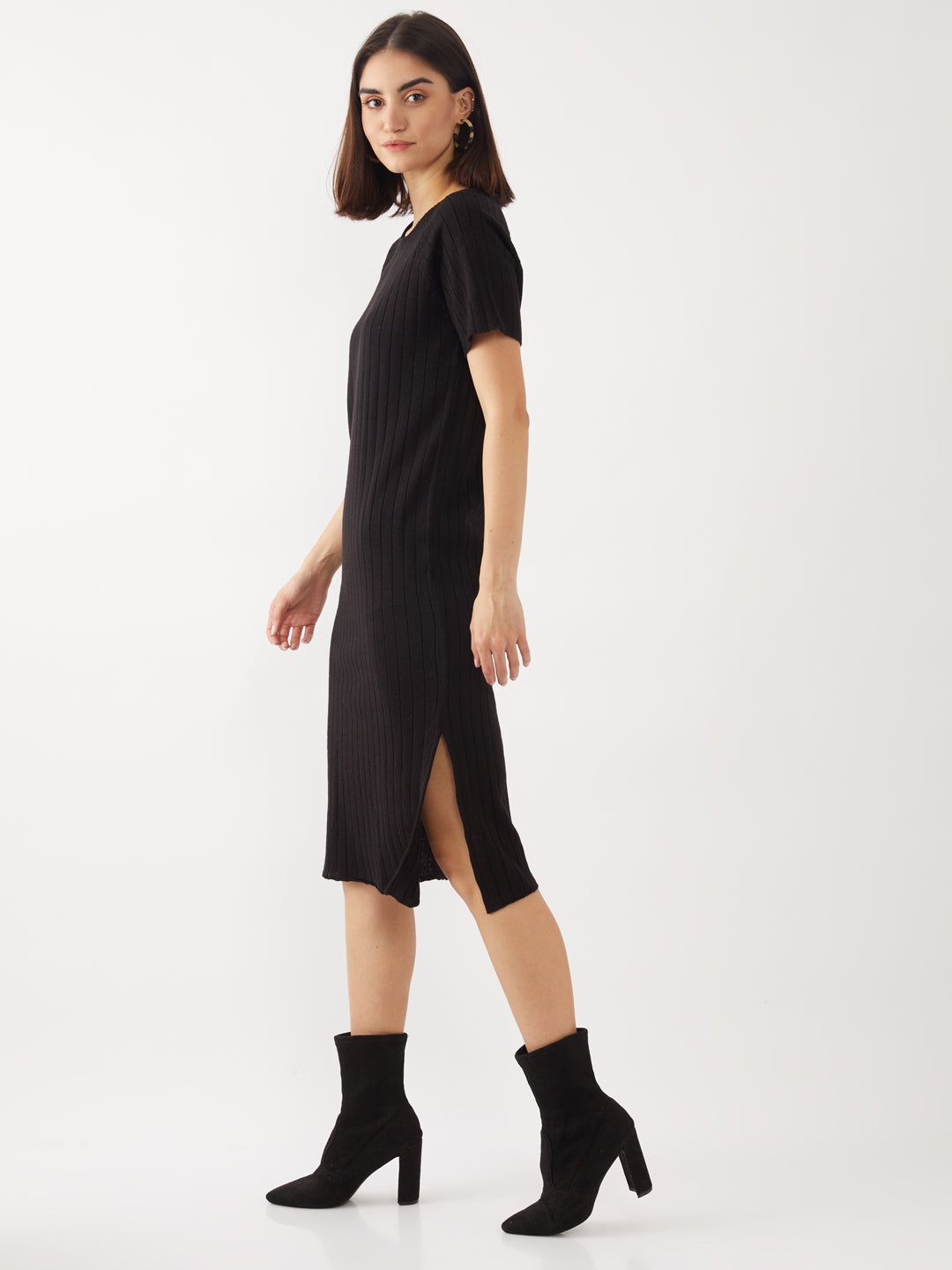 Black Solid Straight Midi