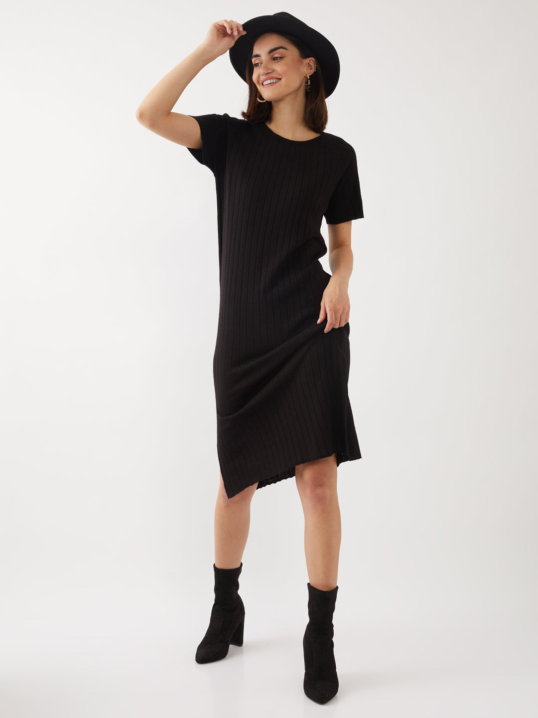 Black Solid Straight Midi