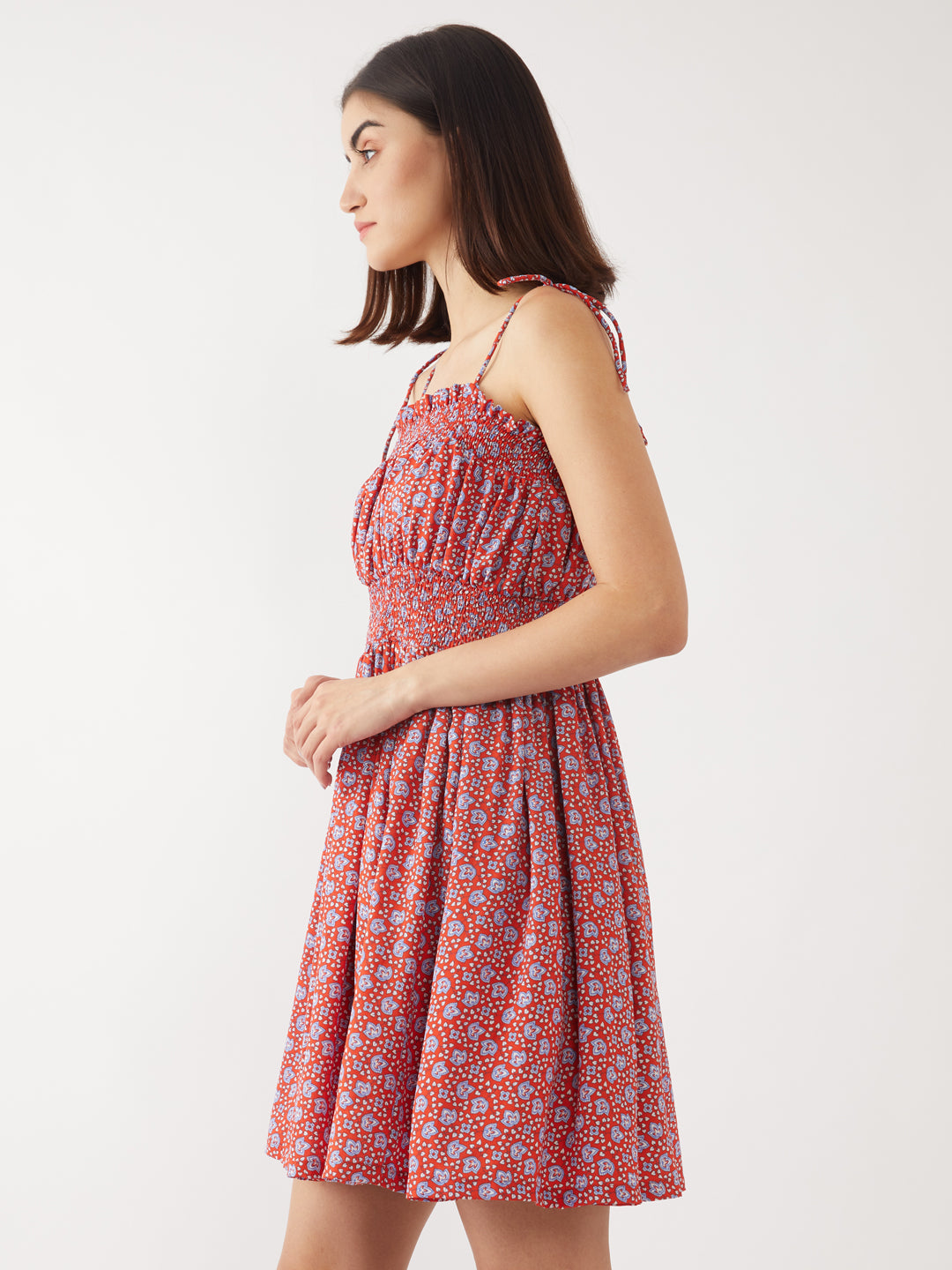 Red Printed Strappy Short Dress