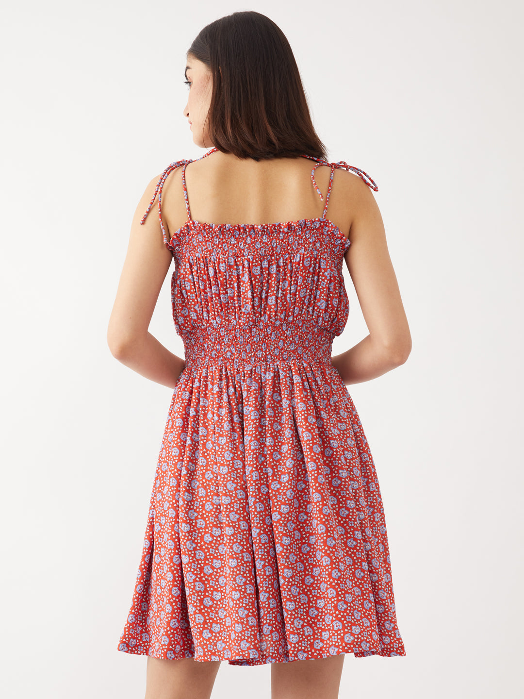 Red Printed Strappy Short Dress