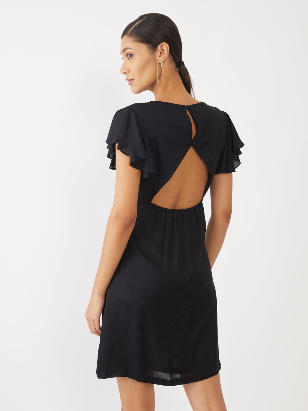 Black Solid Flared Sleeve Short Dress For Women