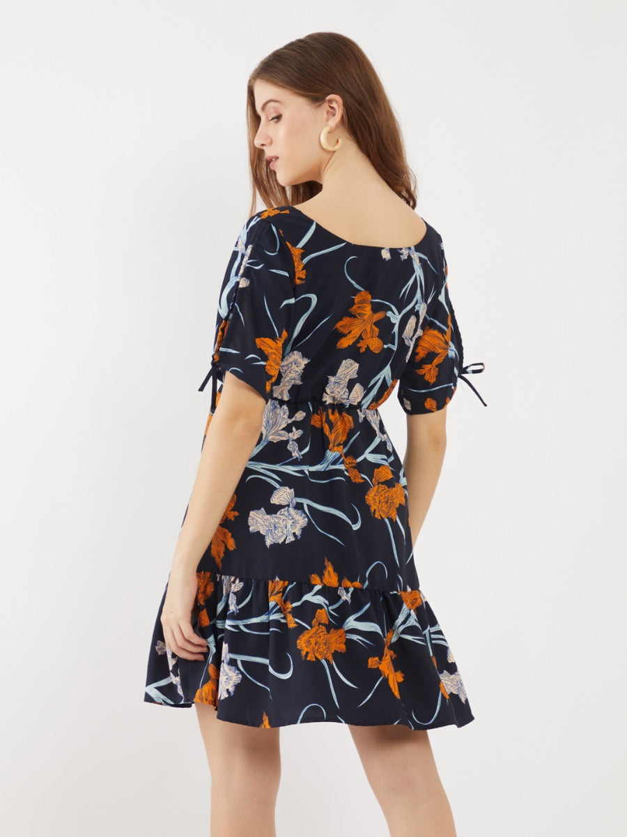 Navy Printed Tie-Up Short Dress