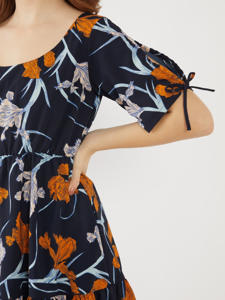 Navy Printed Tie-Up Short Dress