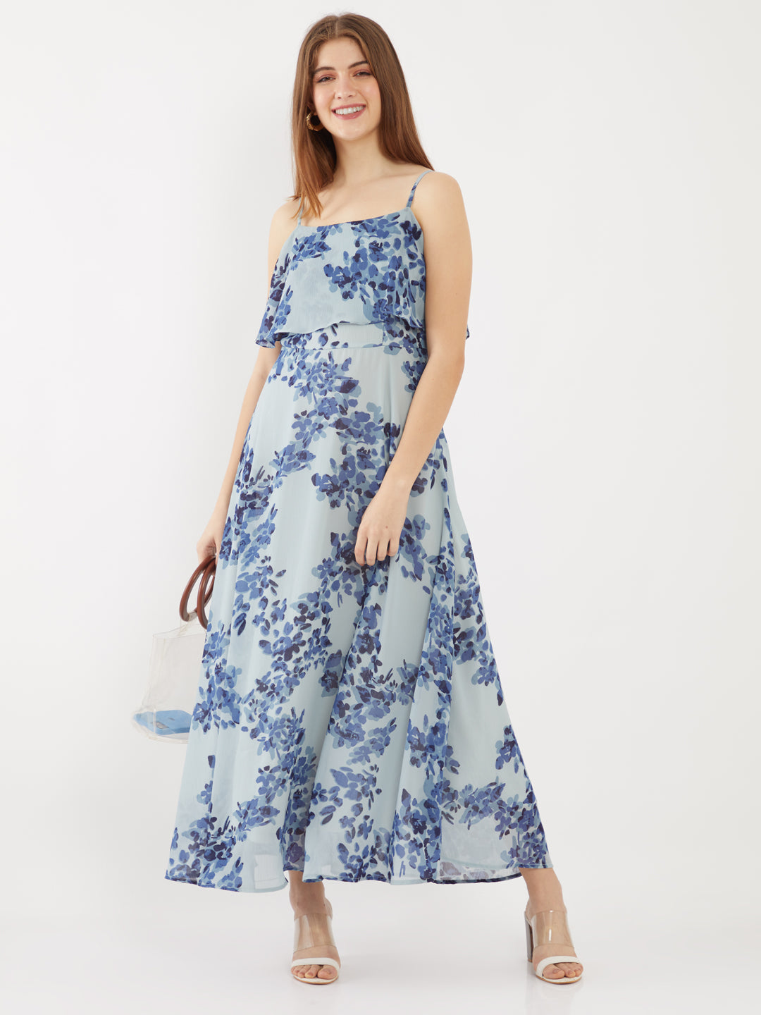 Blue Printed Strappy Maxi