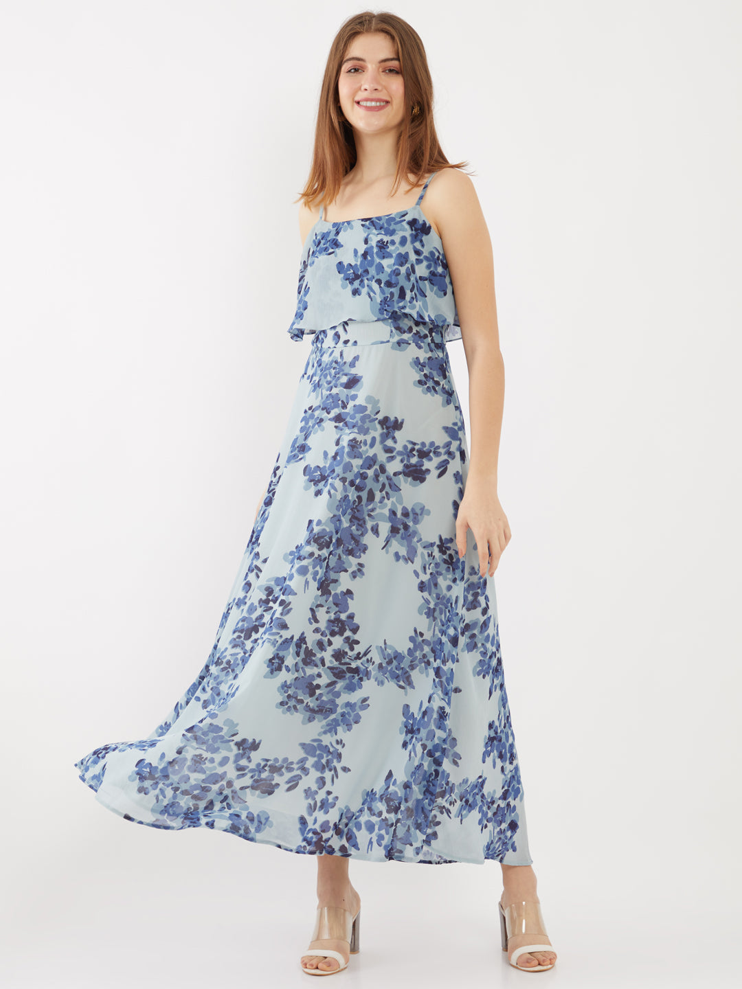 Blue Printed Strappy Maxi