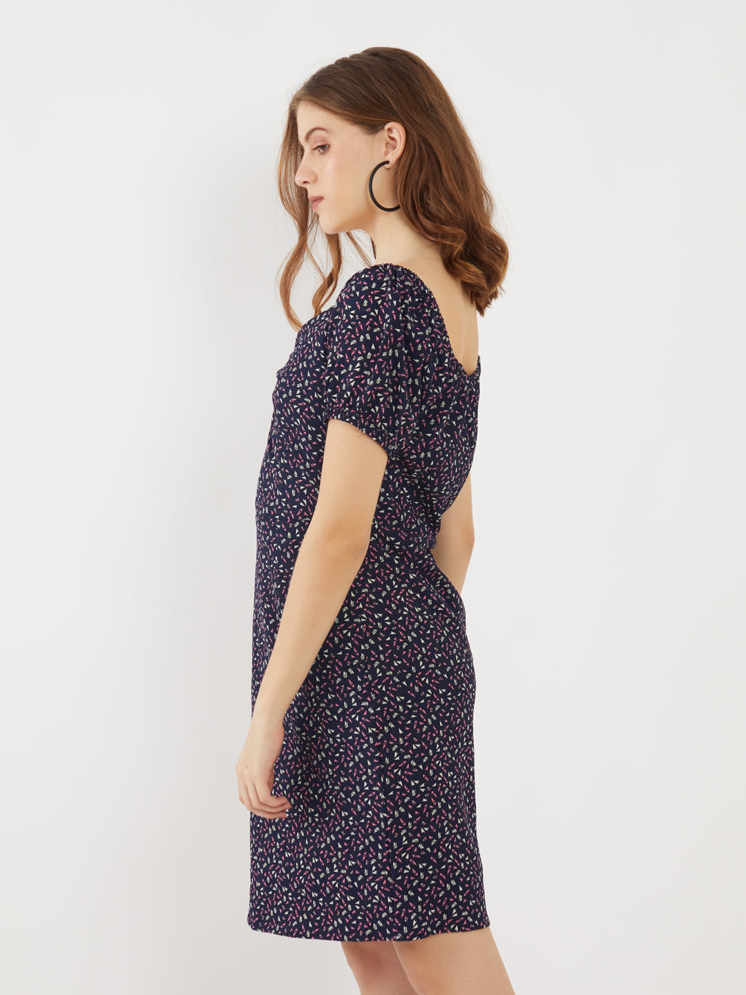 Navy Printed Puff Sleeve Short Dress
