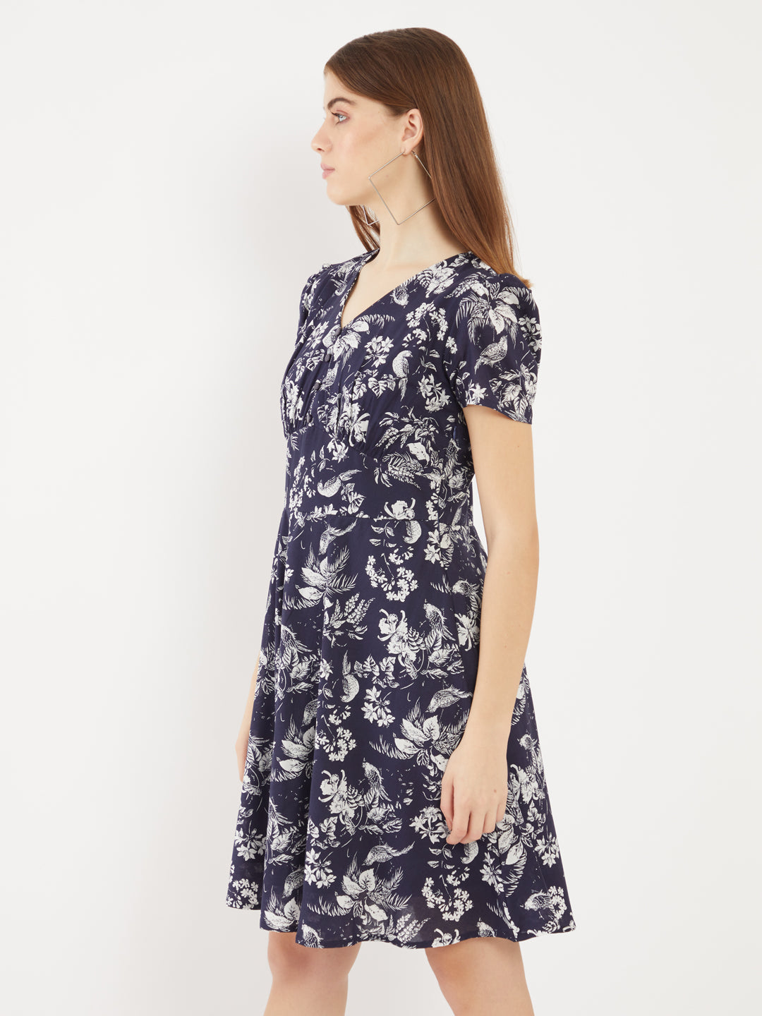 Blue Printed Puff Sleeve Short Dress