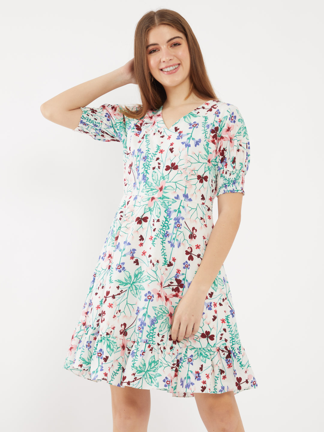 White Printed Puff Sleeve Short Dress
