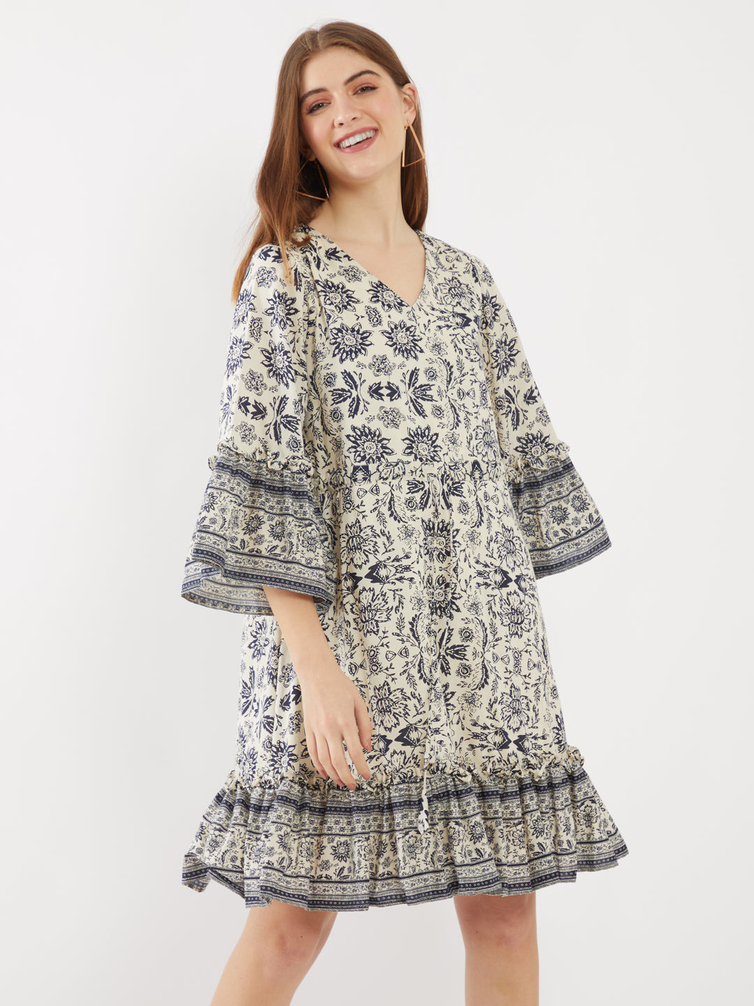 Off White Printed Tiered Short Dress
