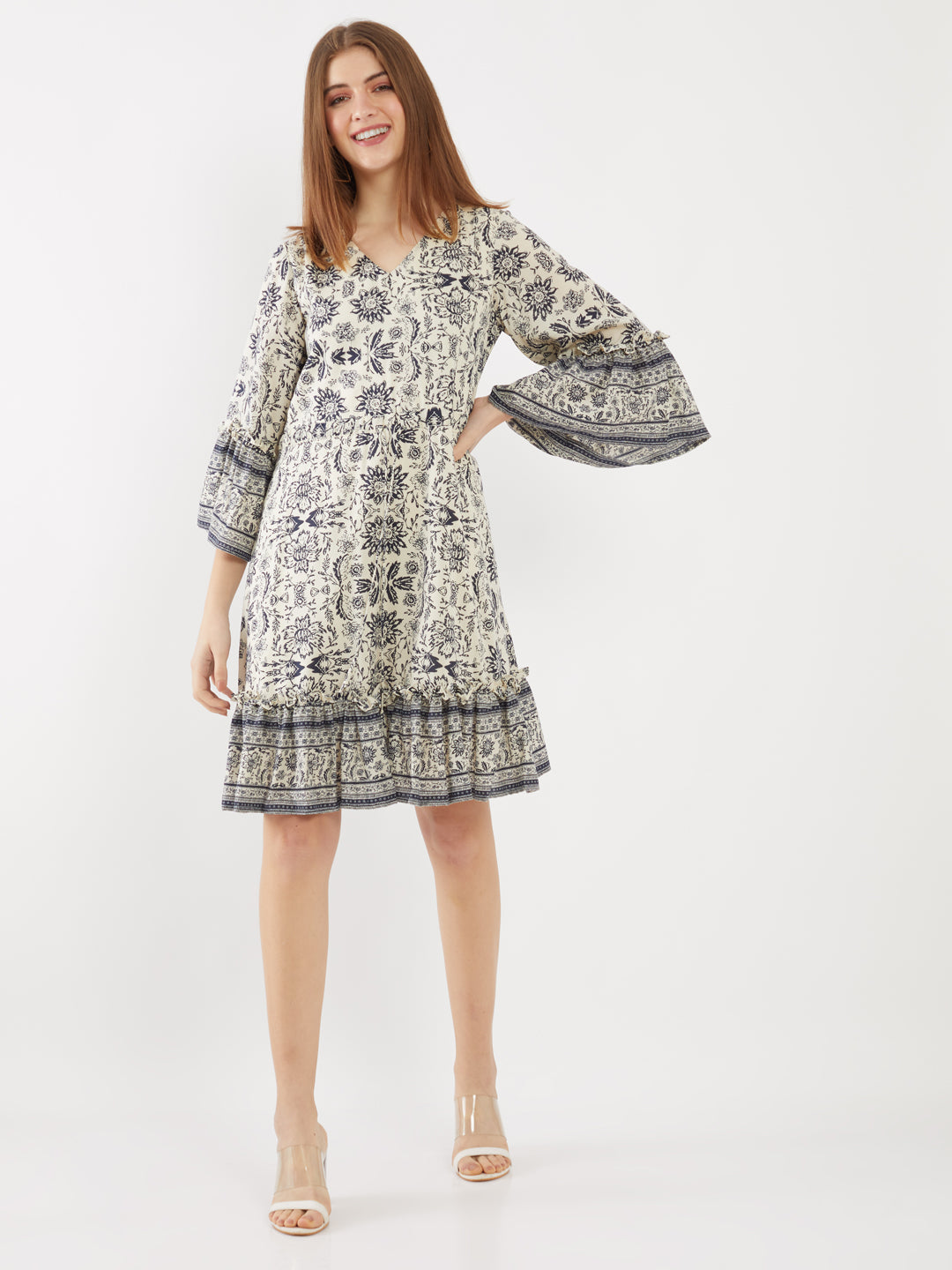 Off White Printed Tiered Short Dress