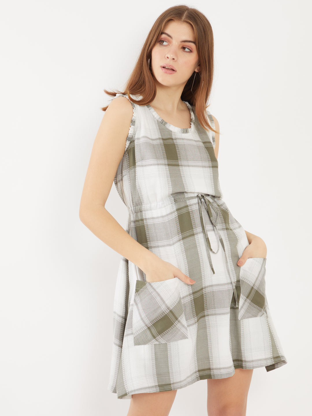 Green Checked Pleated Short Dress