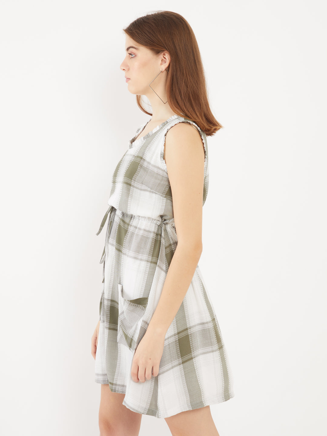 Green Checked Pleated Short Dress