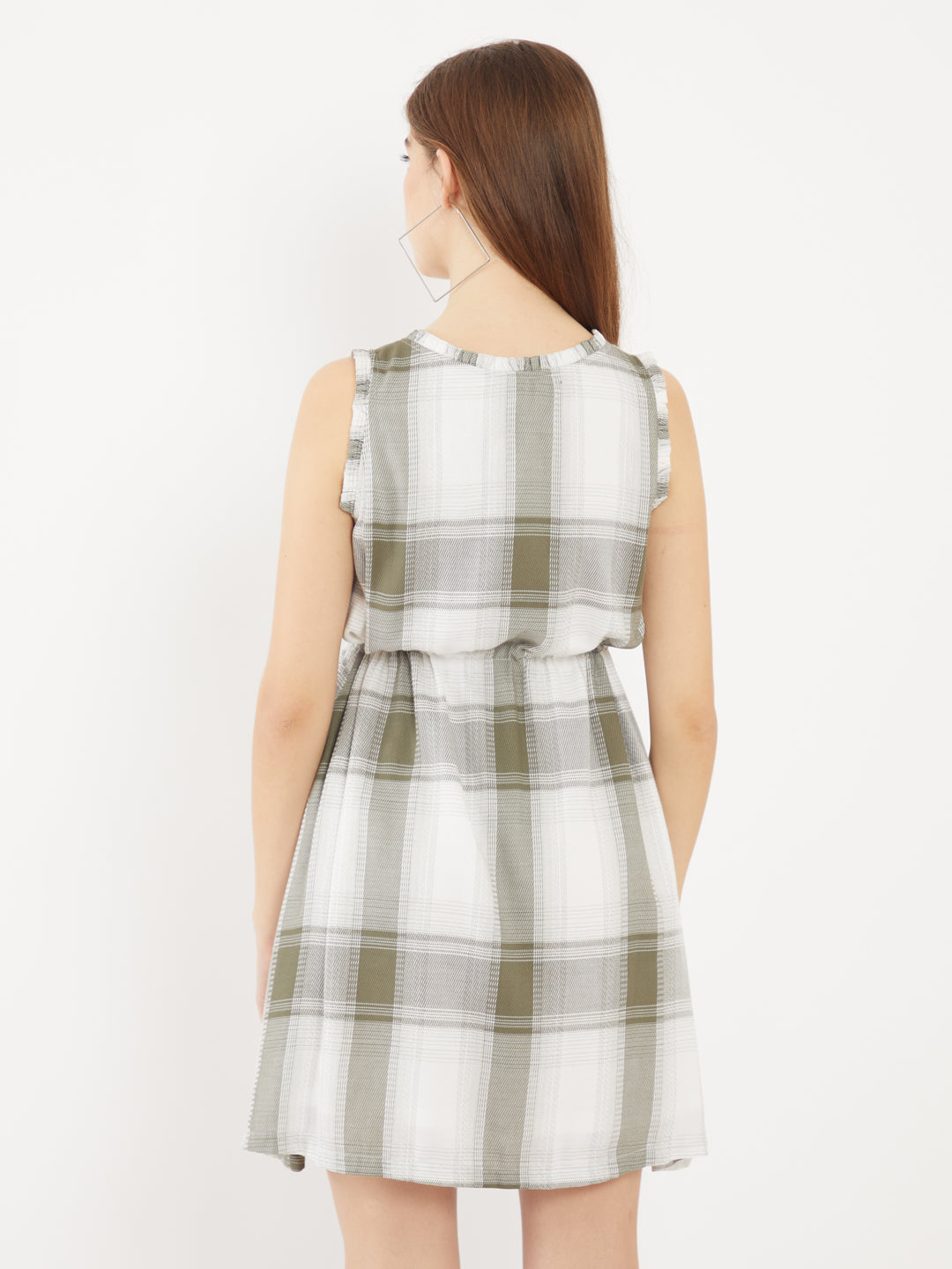 Green Checked Pleated Short Dress