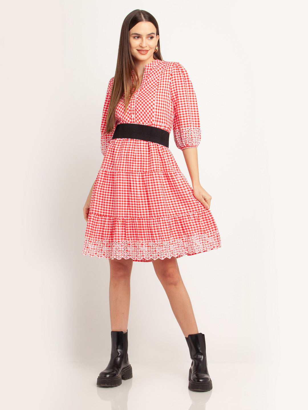Red Lace Elbow Sleeves Short Dress
