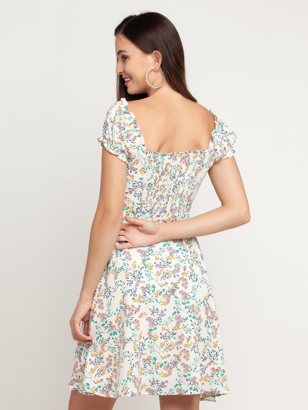 White Printed Tie-Up Short Dress