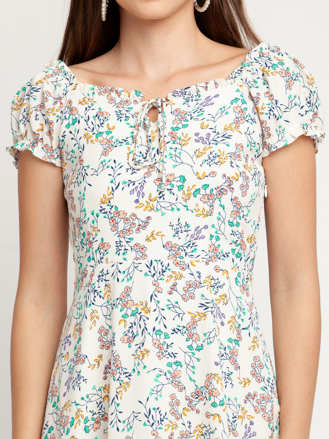 White Printed Tie-Up Short Dress