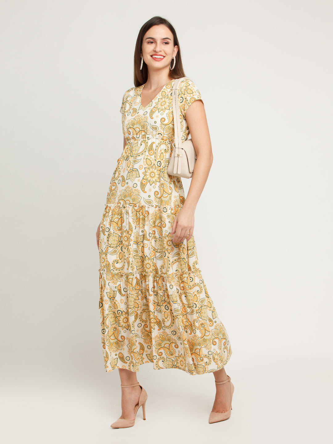 Off White Printed Tiered Maxi Dress