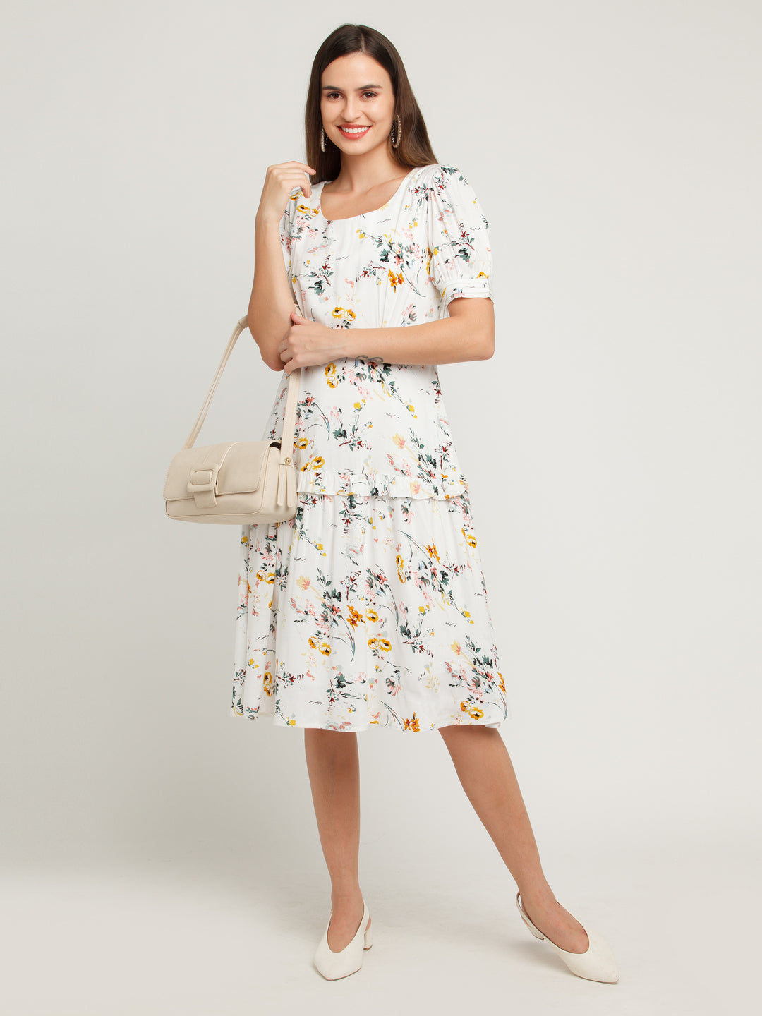 White Printed Tiered Midi Dress