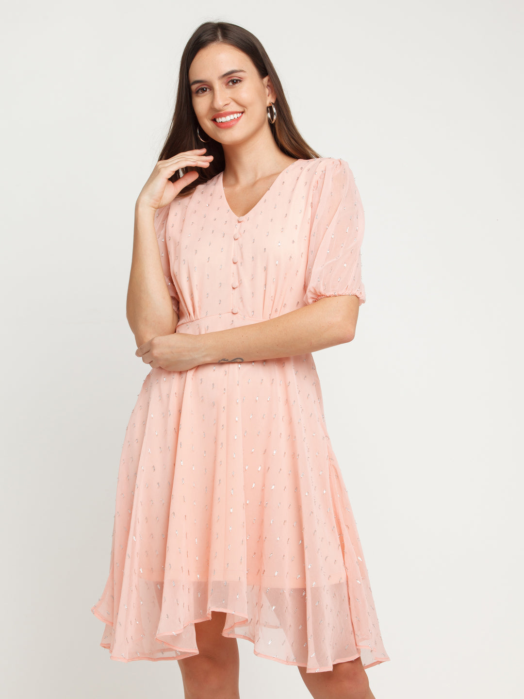 Pink Self Design Gathered Short Dress