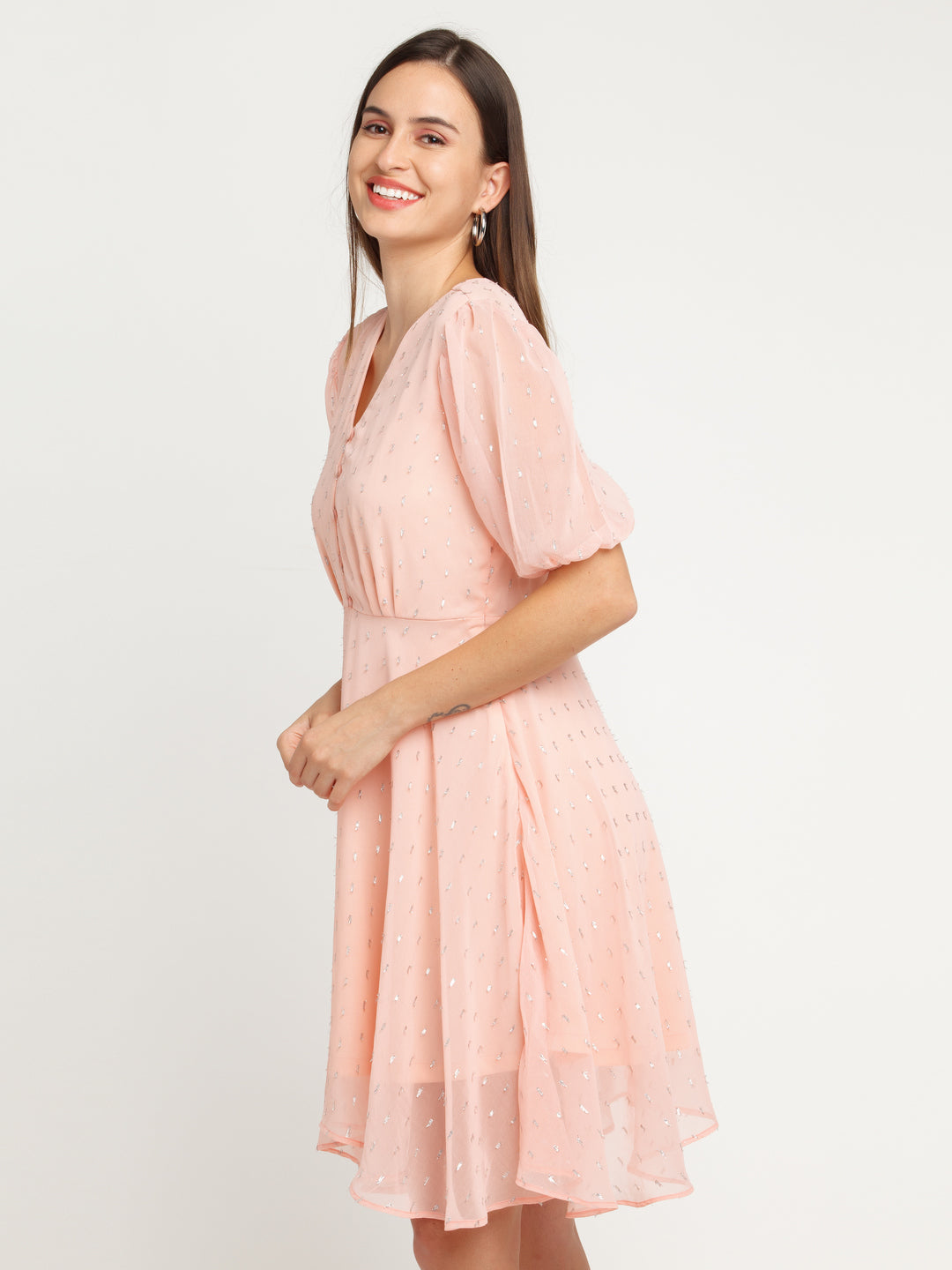 Pink Self Design Gathered Short Dress