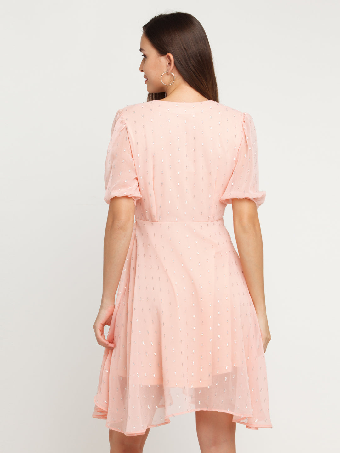 Pink Self Design Gathered Short Dress