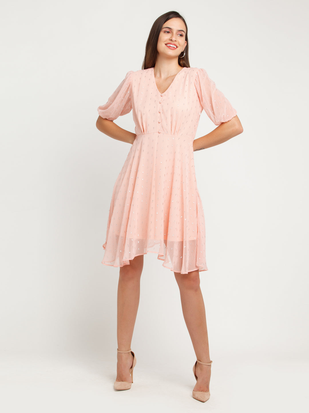 Pink Self Design Gathered Short Dress
