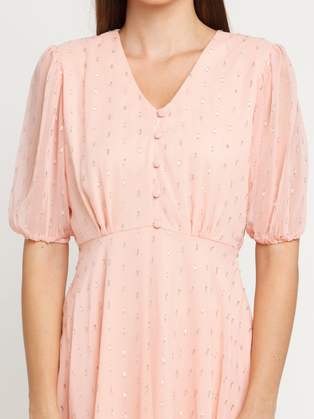 Pink Self Design Gathered Short Dress