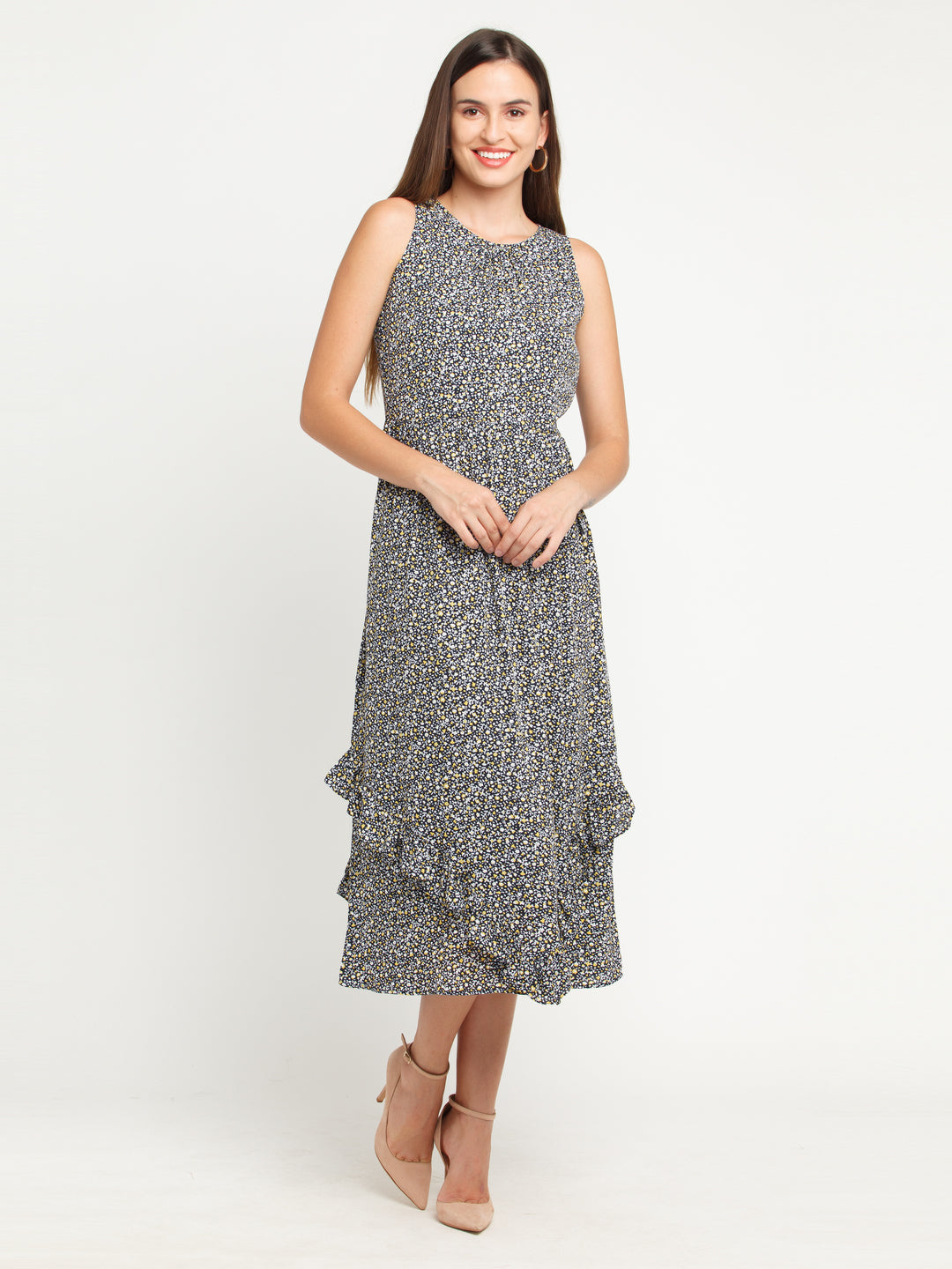 Navy Blue Printed Pleated Midi Dress