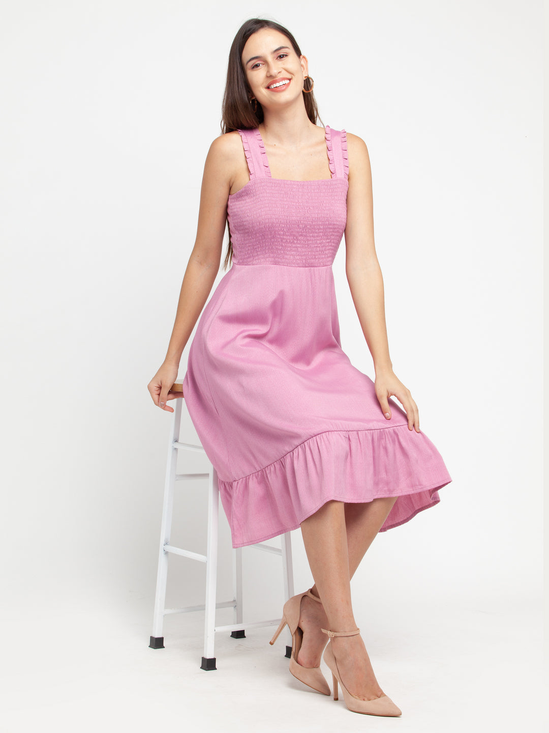 Pink Solid Elasticated Midi Dress
