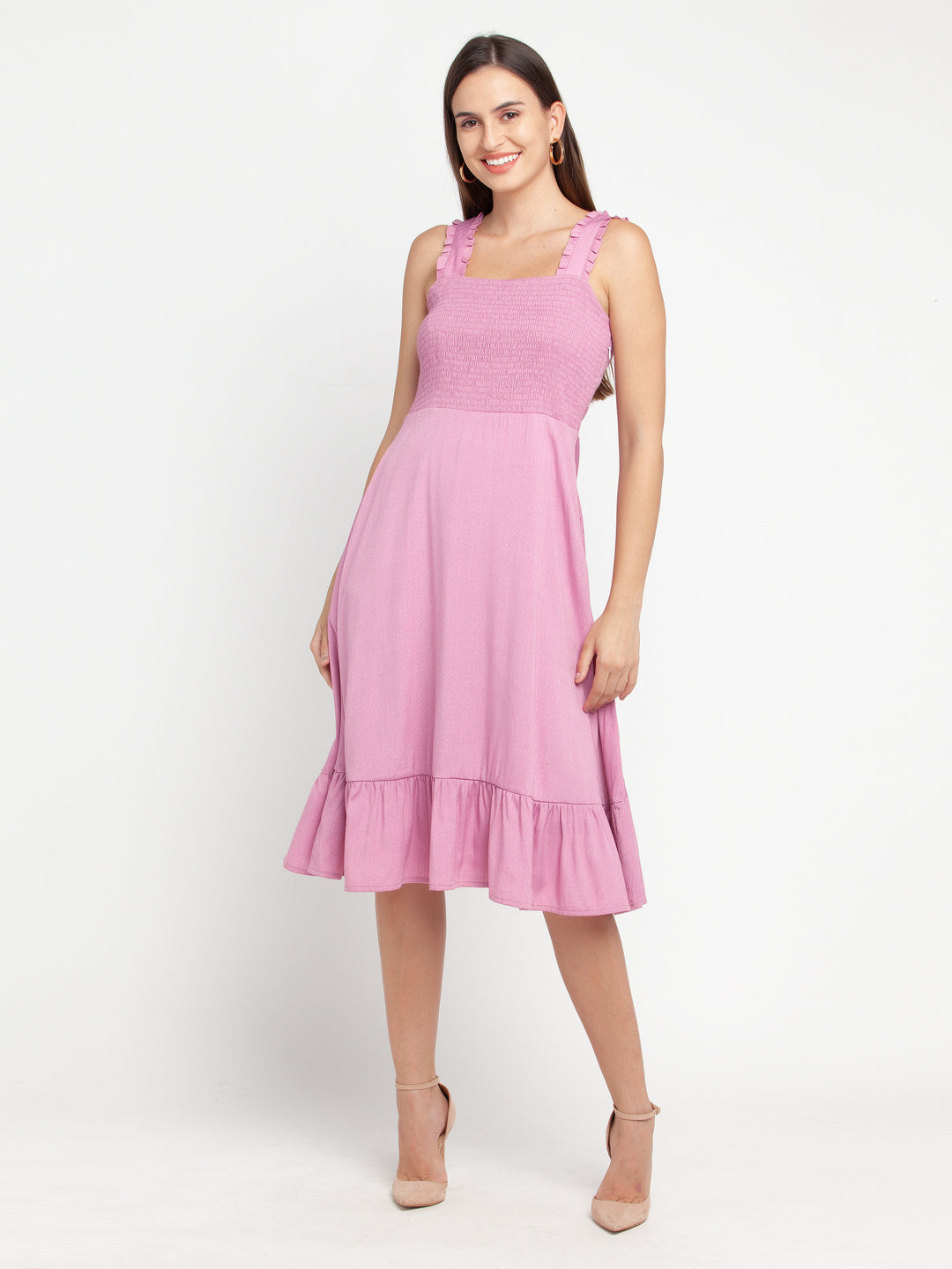 Pink Solid Elasticated Midi Dress