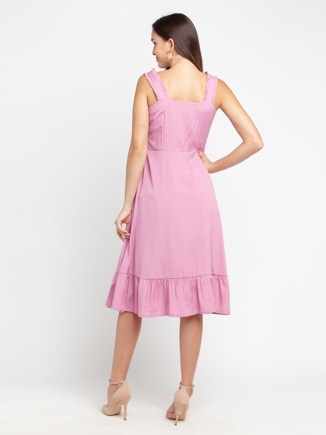 Pink Solid Elasticated Midi Dress