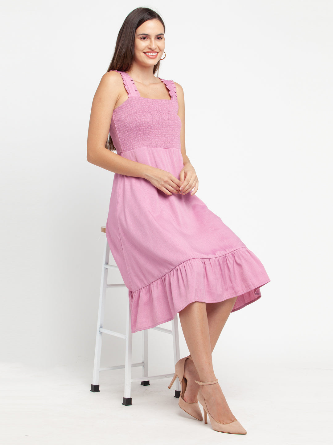 Pink Solid Elasticated Midi Dress