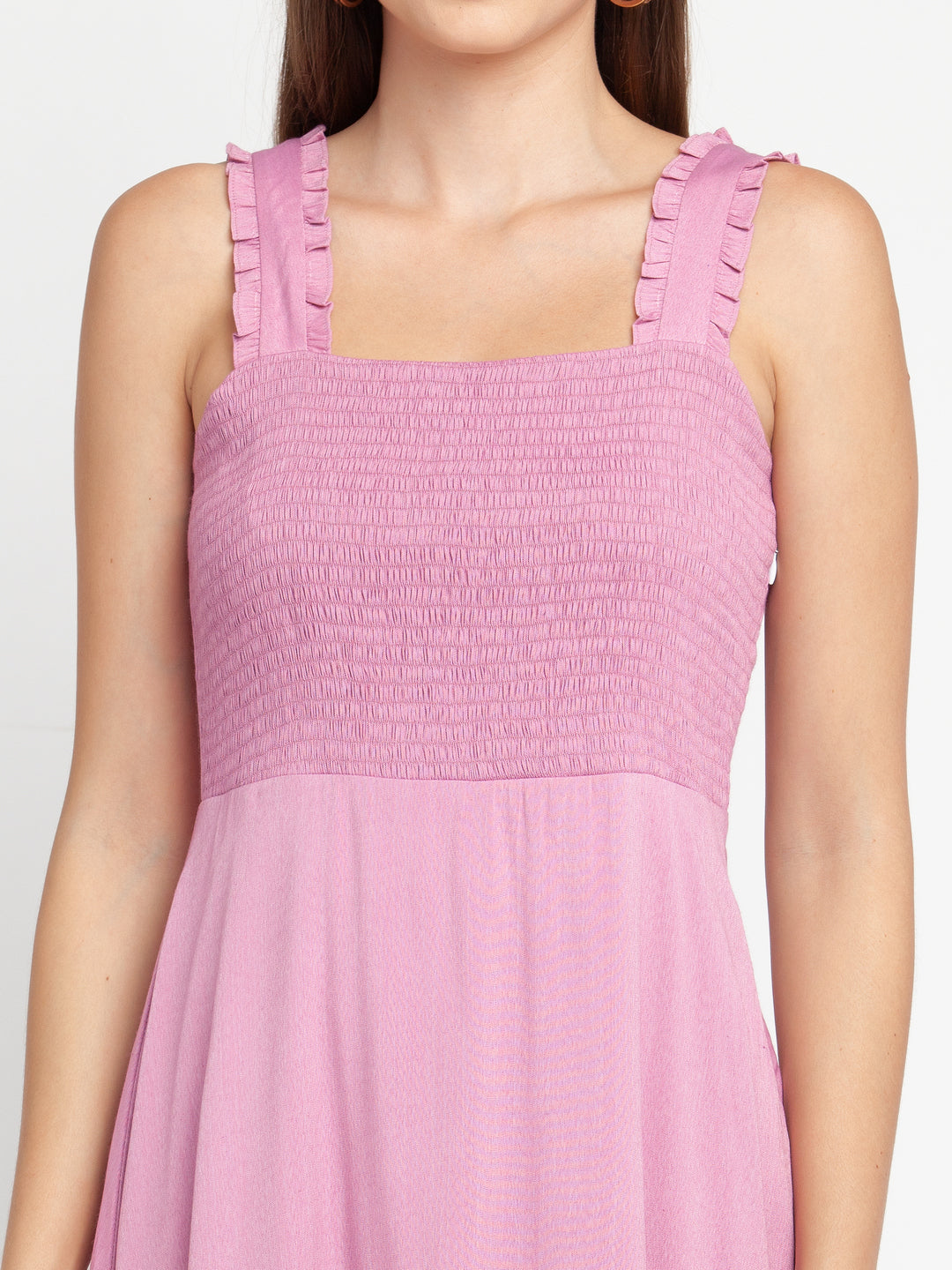 Pink Solid Elasticated Midi Dress