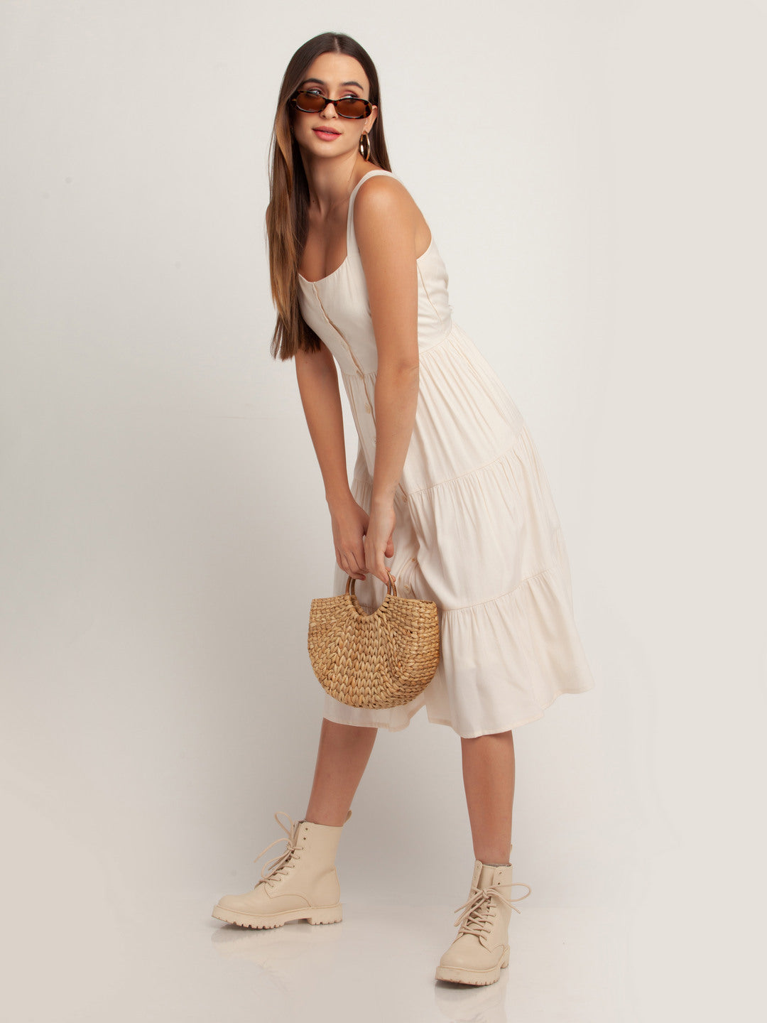 Off White Solid Tiered Midi Dress