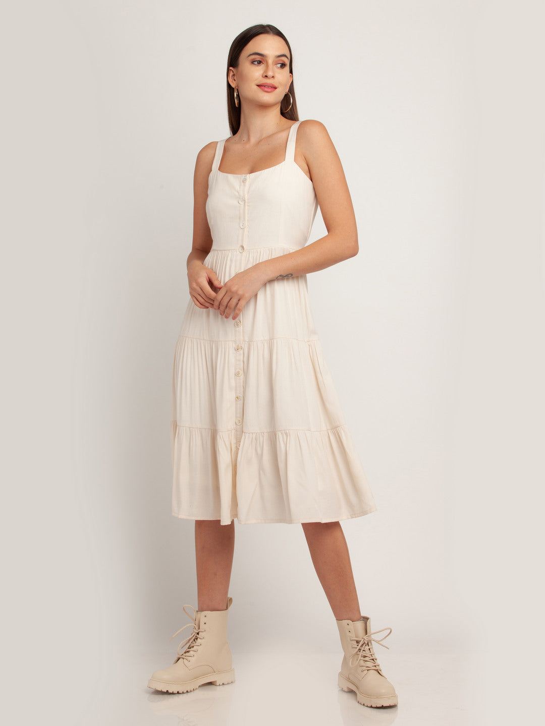Off White Solid Tiered Midi Dress