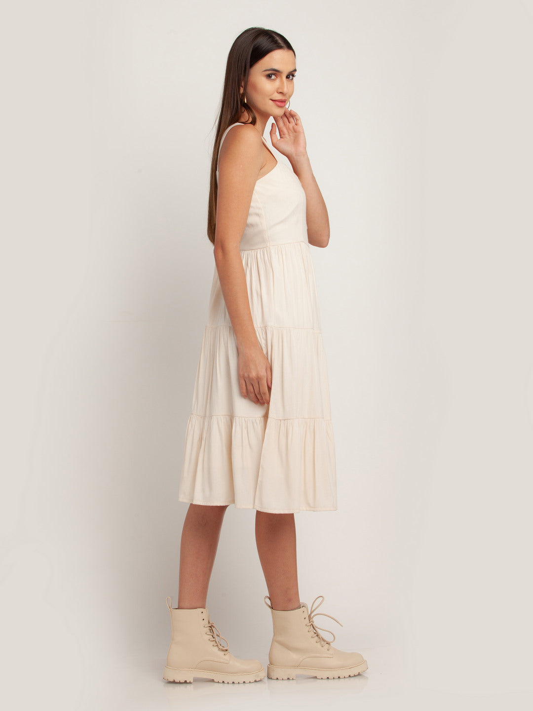 Off White Solid Tiered Midi Dress