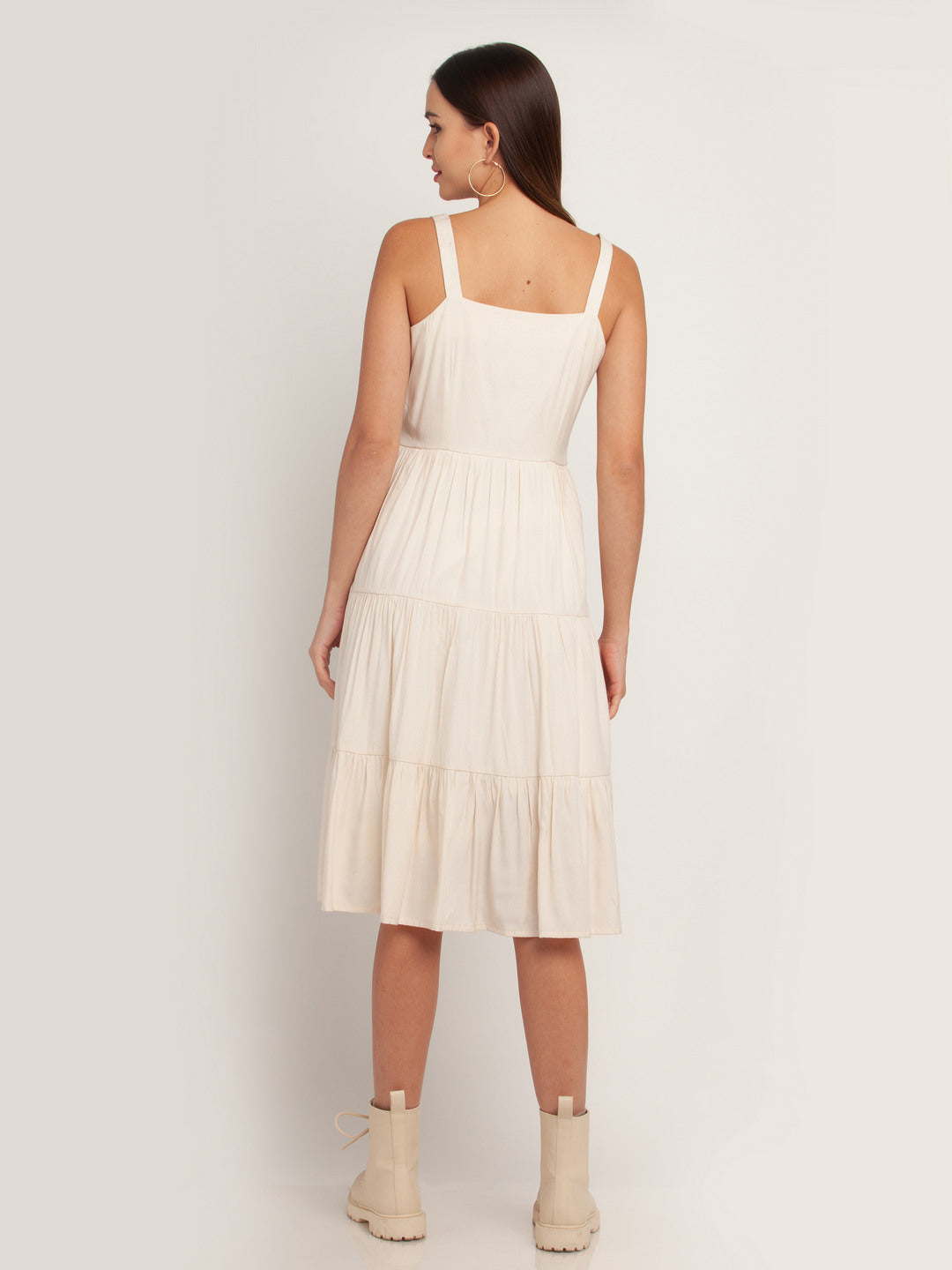 Off White Solid Tiered Midi Dress