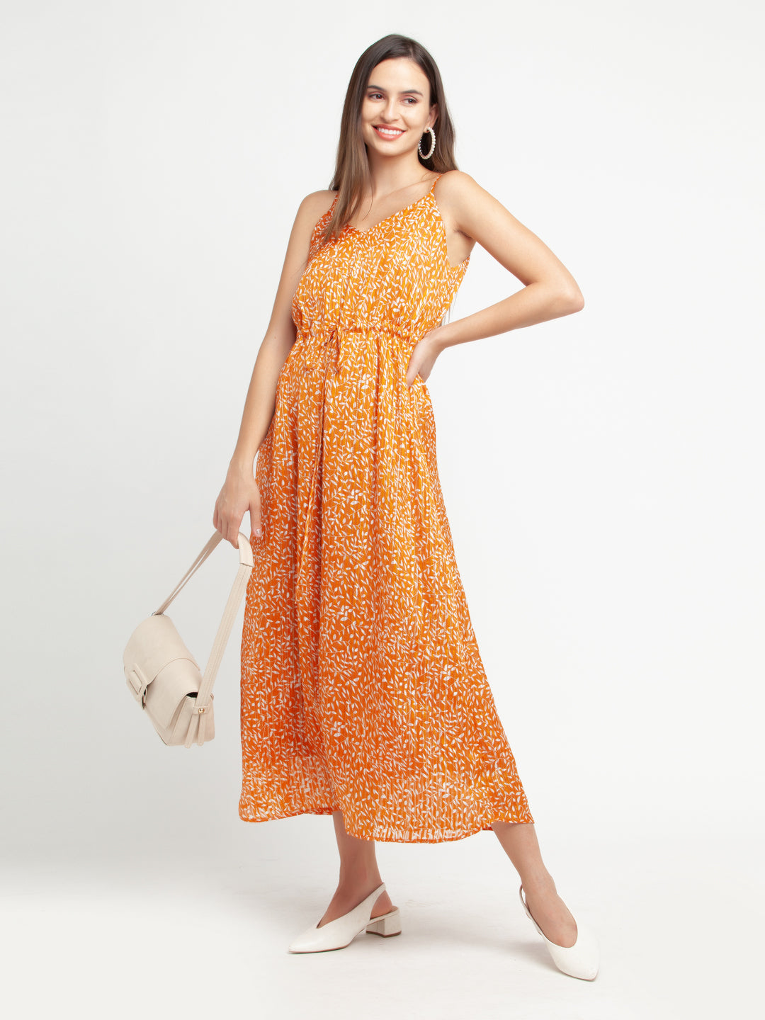 Orange Printed Tie-Up Maxi Dress