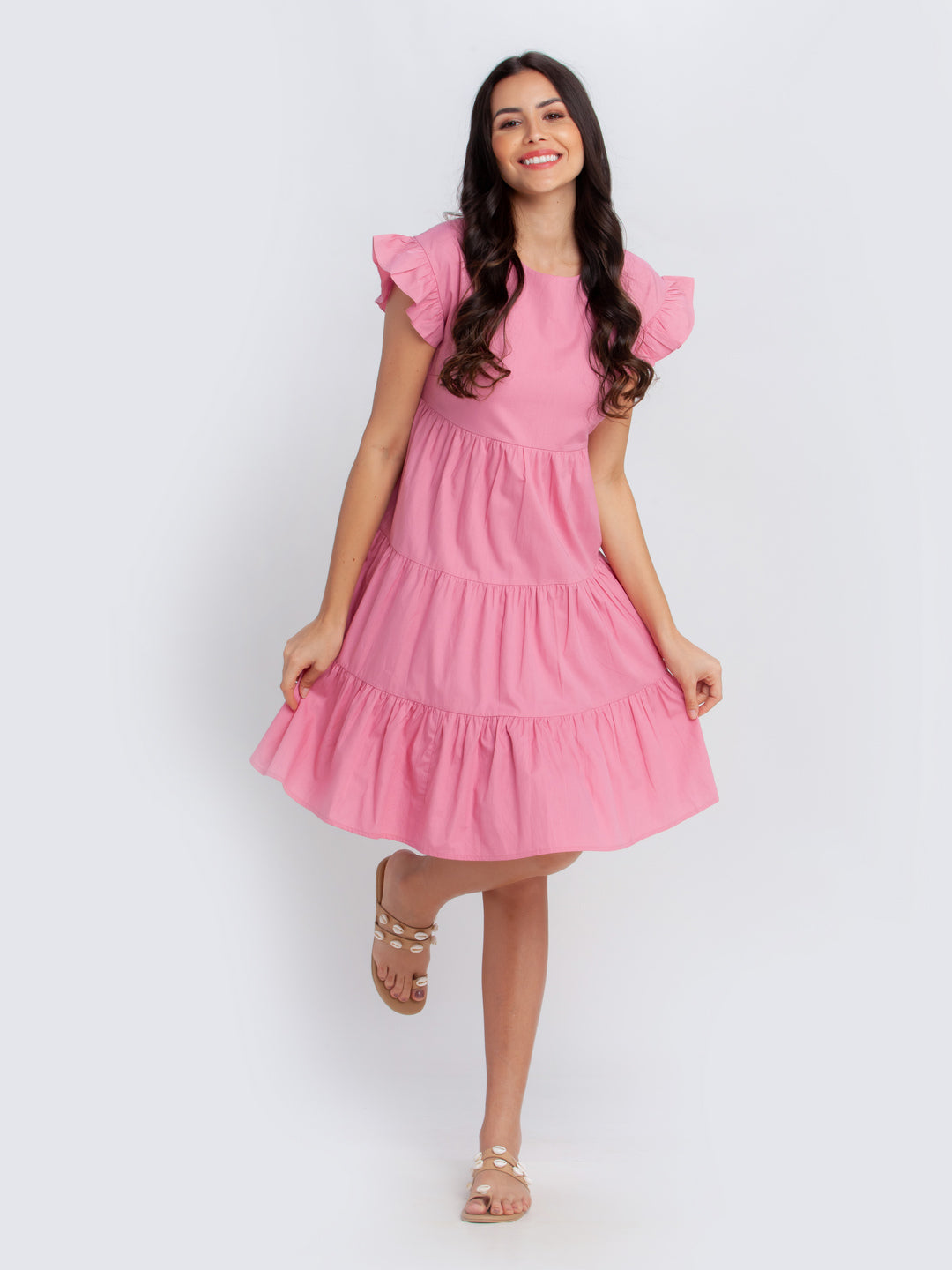 Pink Solid Tiered Short Dress