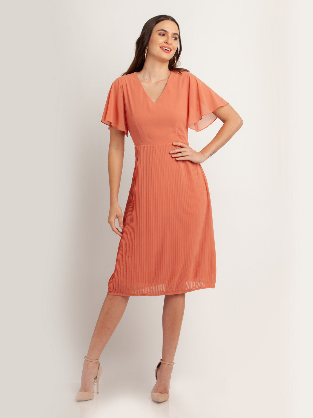 Pink Solid Flared Sleeve Midi Dress