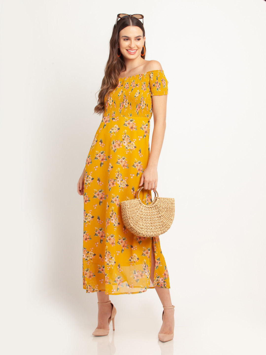 Yellow Printed Off-shoulder Maxi Dress