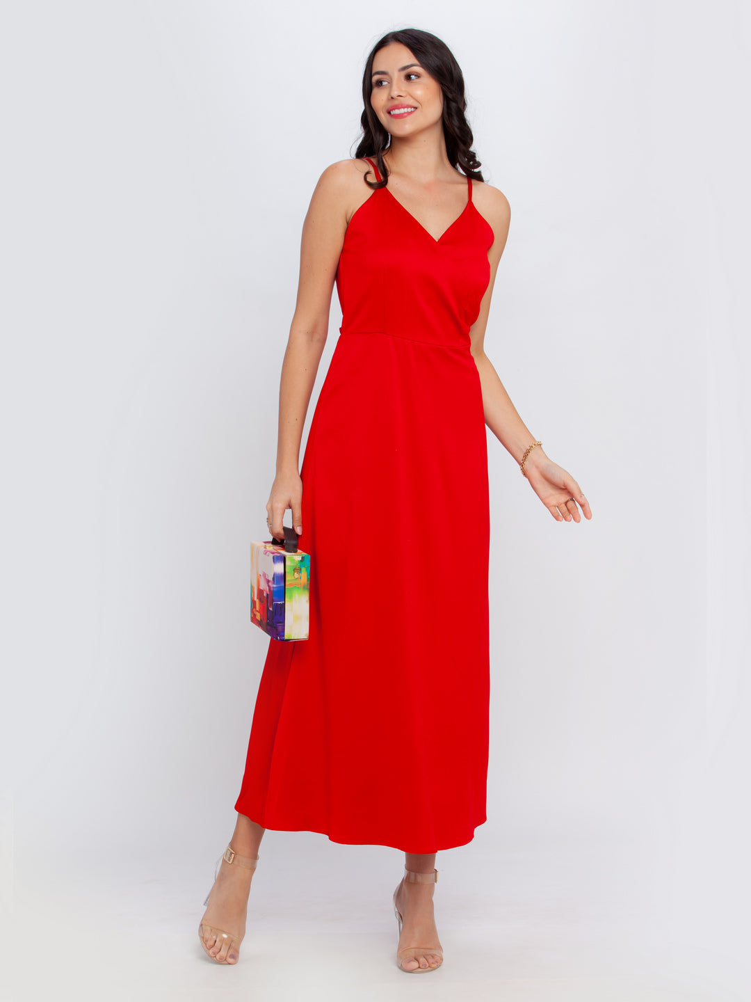 Red Solid A-Line Maxi Dress