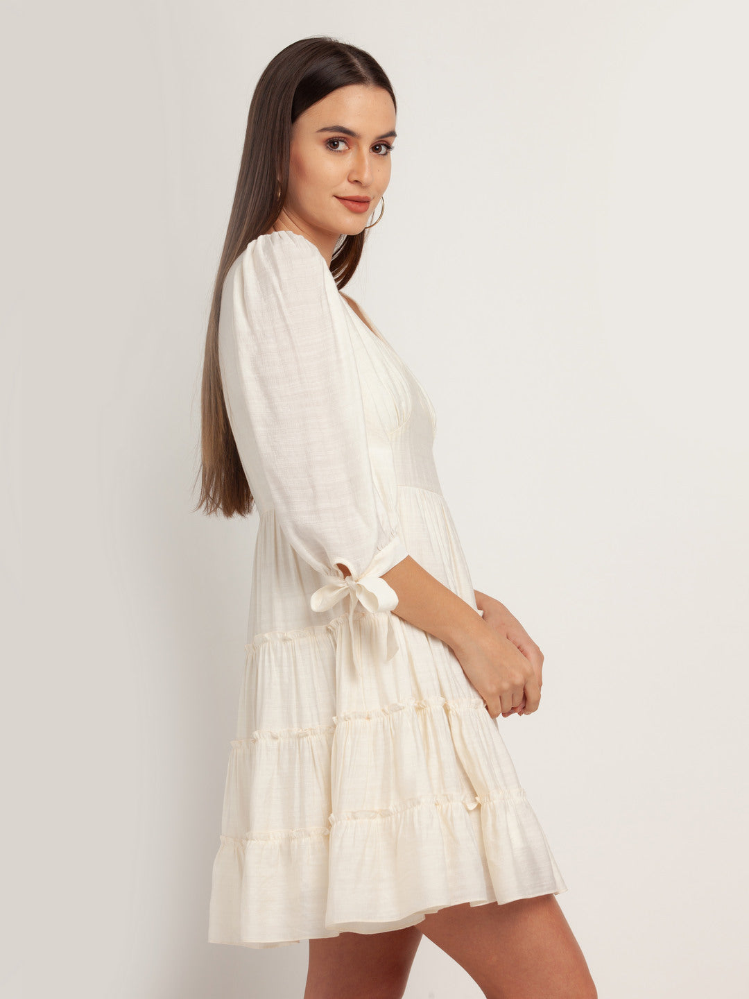 White Solid Tiered Short Dress