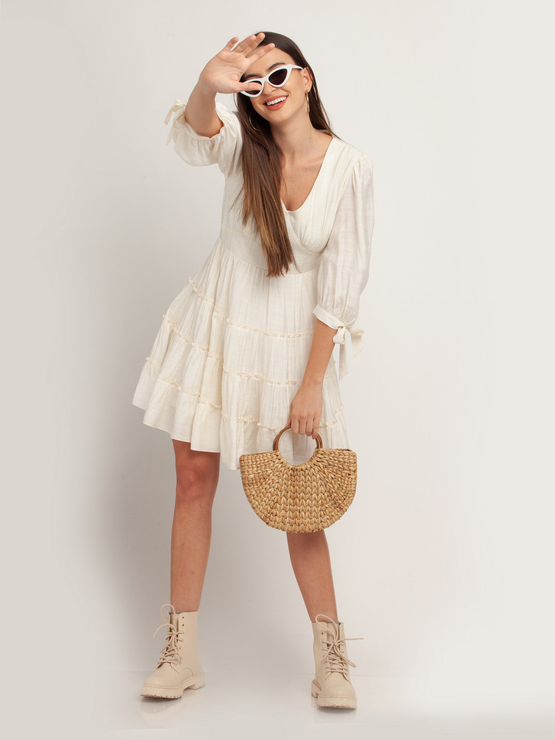 White Solid Tiered Short Dress