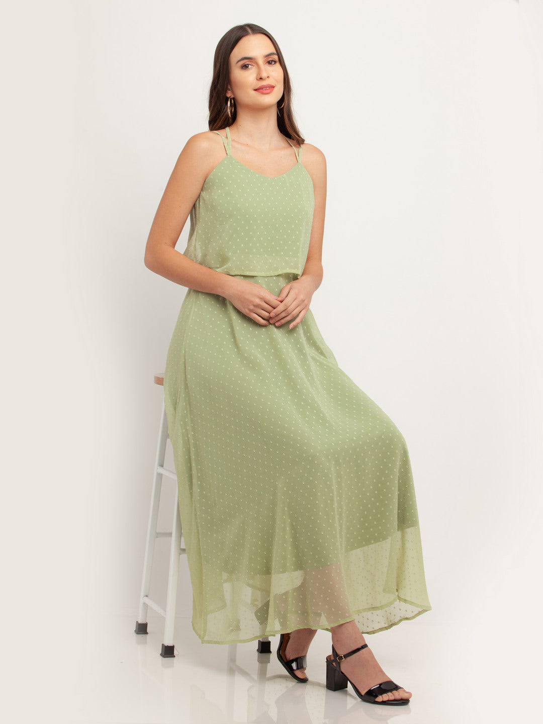 Green Solid Strappy Maxi Dress